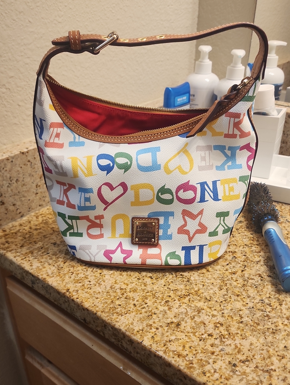 Dooney & Bourke Multicolor Logo Hobo Bag with Tan Trim